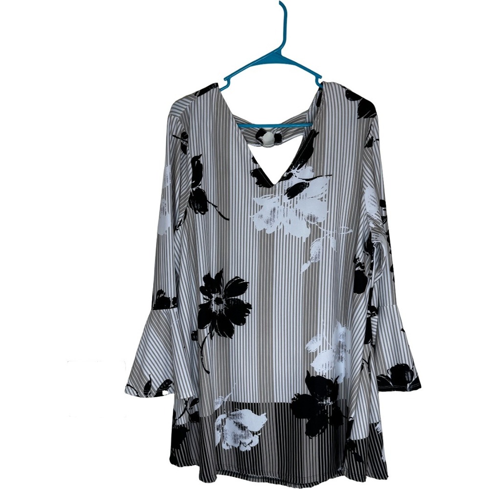 Newβ Directions Tunic Women 2X Tan Black Striped Floral Bell Sleeve V-Neck